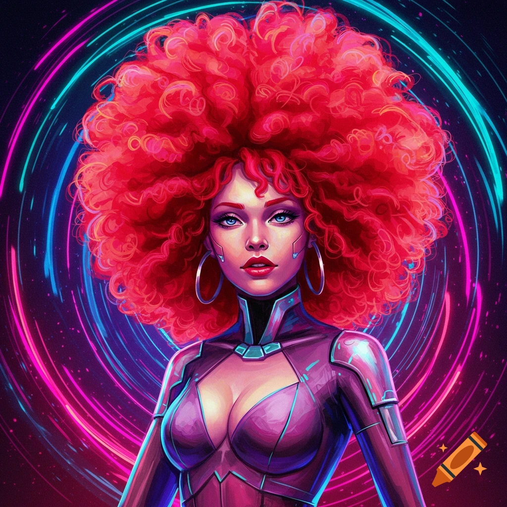 Woman with red curly hair in a futuristic suit against neon rings.