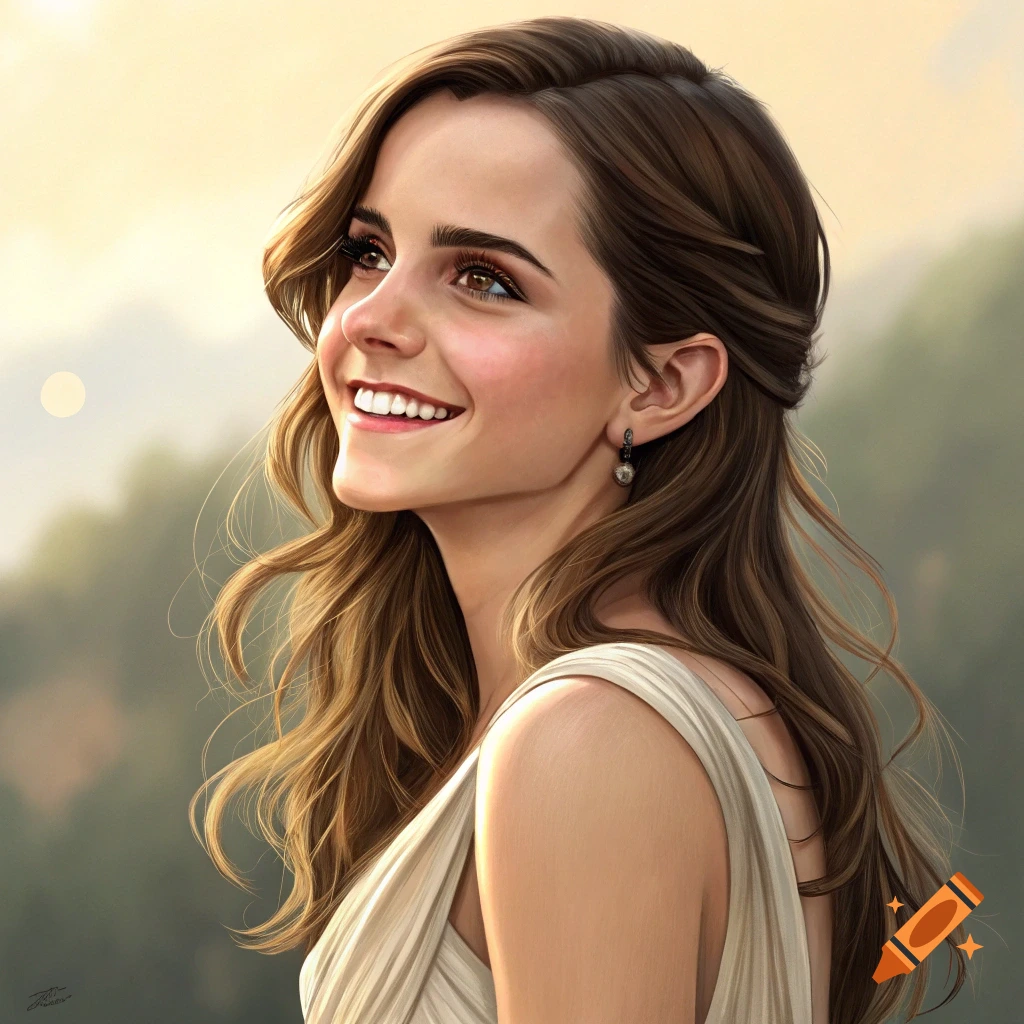 A smiling woman in a white dress is looking up outdoors.