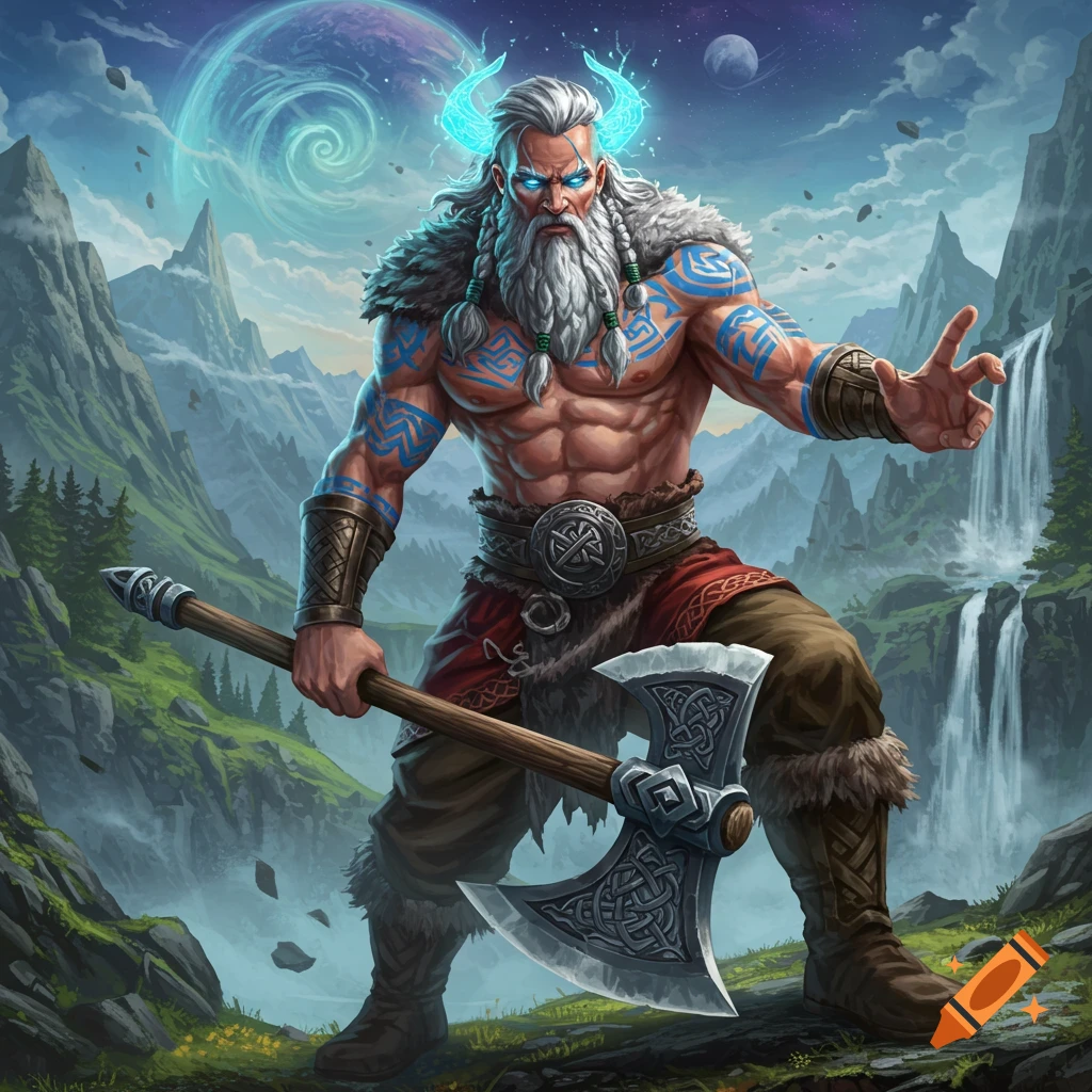 A muscular fantasy warrior with blue markings and glowing horns holds an axe in a mountain landscape.