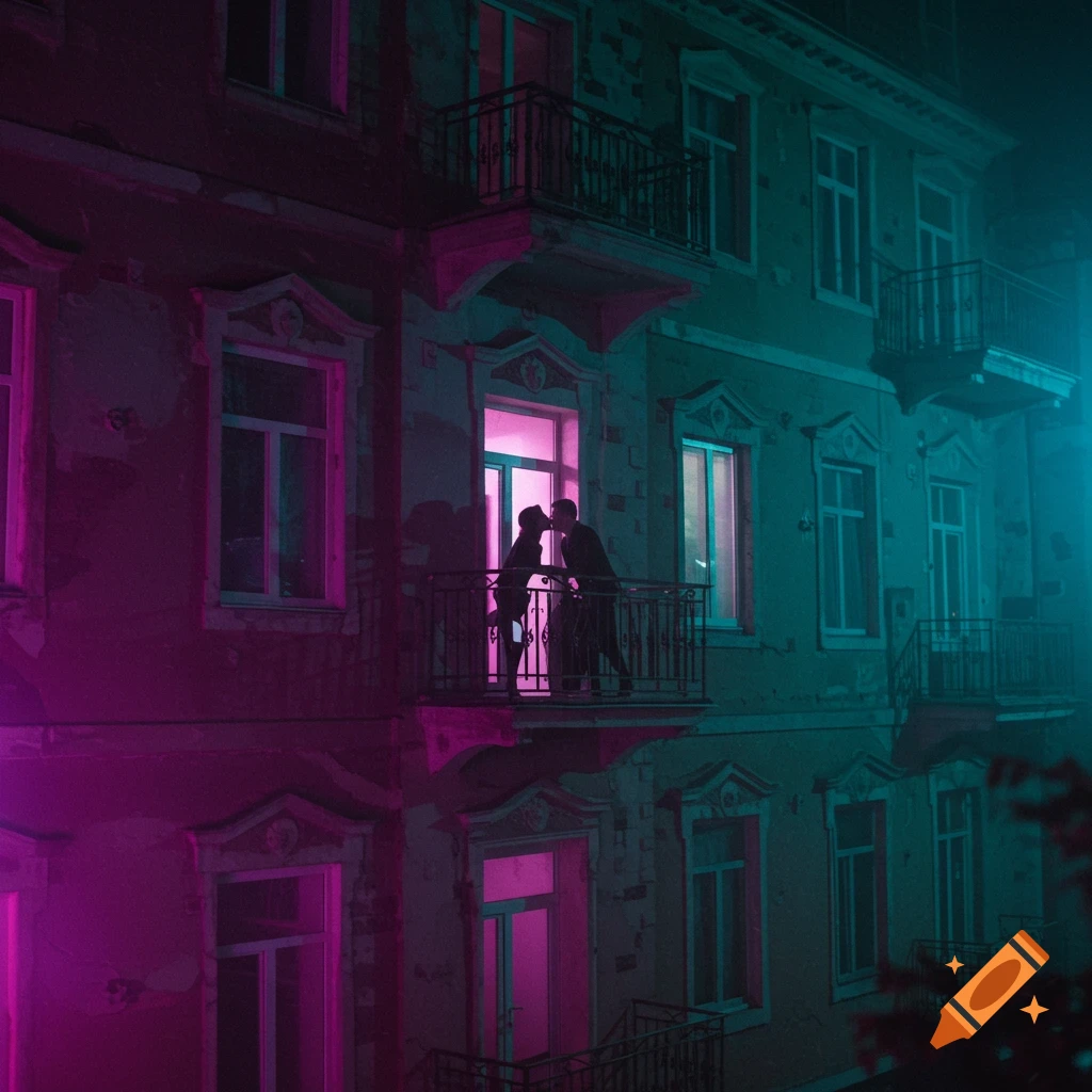 Silhouette of two people kissing on a balcony of a building at night with surreal pink and teal lighting.
