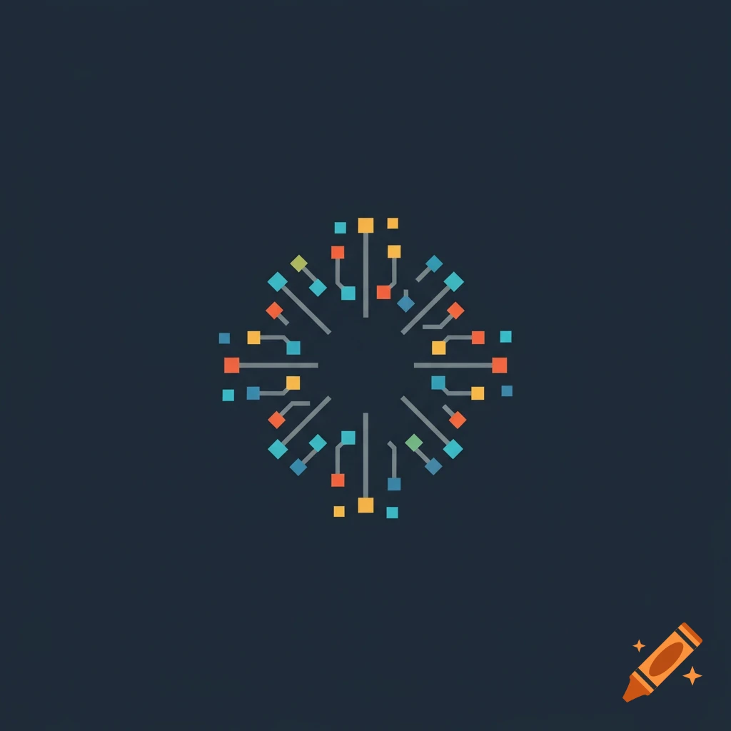 Simple flat tech logo with colorful squares radiating from a central hub on a dark background.