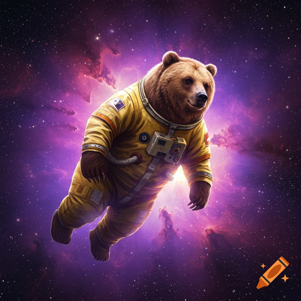 A bear in a yellow spacesuit floats in space surrounded by purple nebulas and stars.