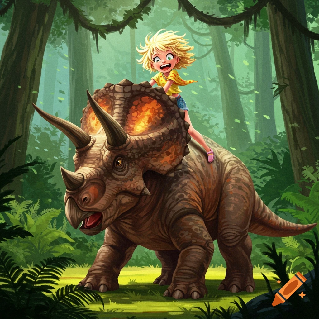 A girl rides a triceratops dinosaur through a lush green jungle.