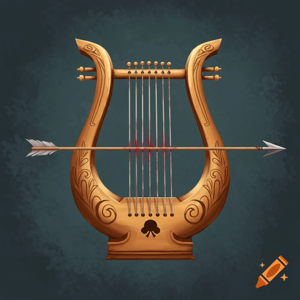 A golden lyre with an arrow piercing its strings.