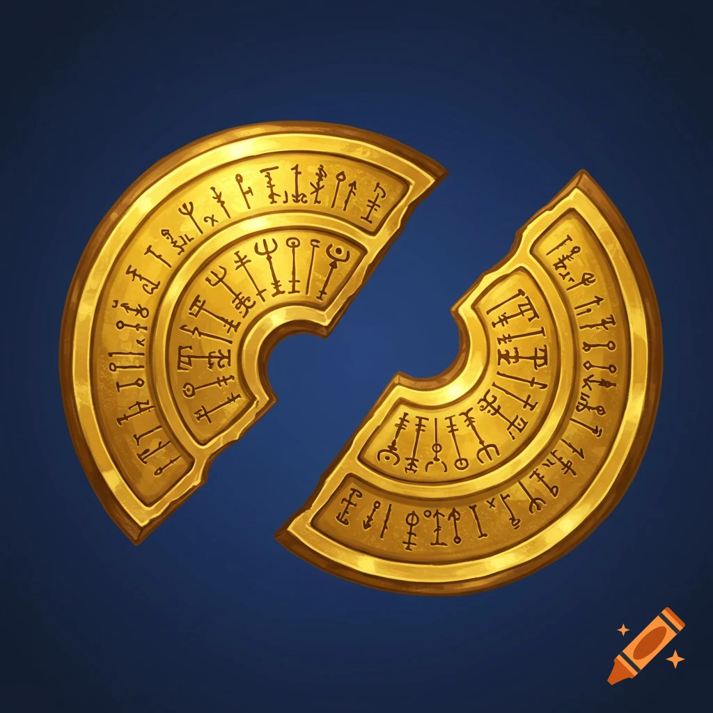 Two broken golden amulet halves with ancient symbols etched on the surface.