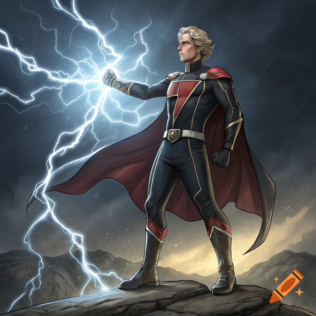 Superhero in costume generates lightning on a cliff