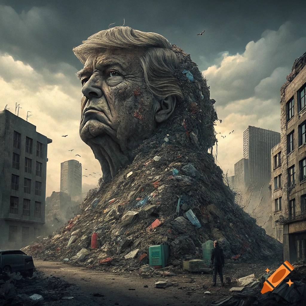 Giant head sculpture resembling Donald Trump made of trash in a ruined city.
