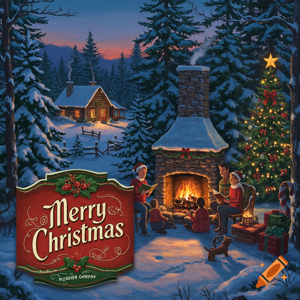 A family reading by a fireplace in a snowy forest with a Merry Christmas banner.
