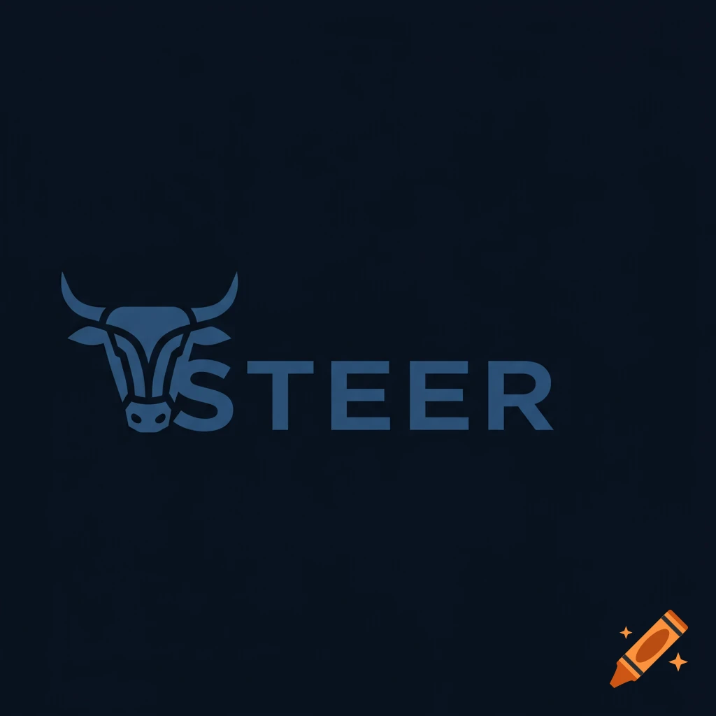 A simple blue logo featuring a stylized bull's head next to the word STEER on a dark background.
