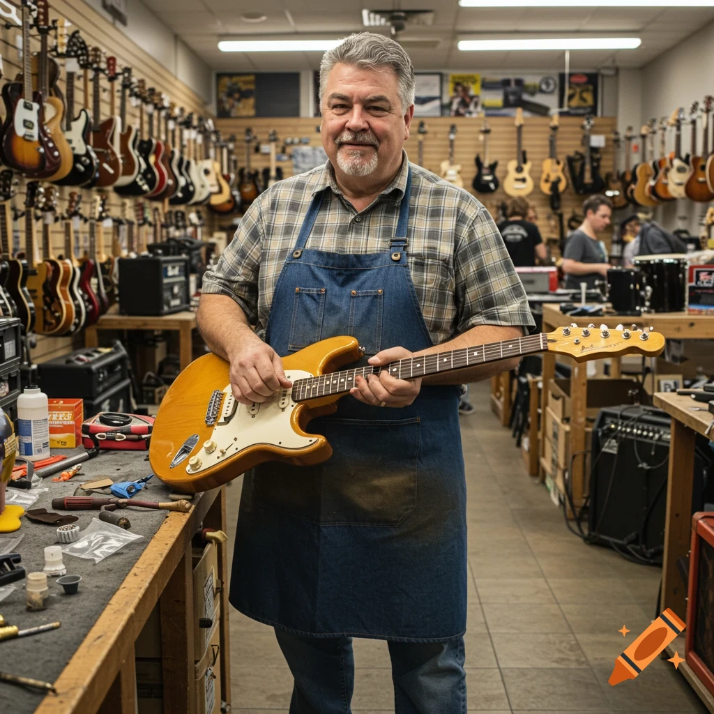 Smiling man in a denim apron holding a guitar in a busy guitar repair shop.