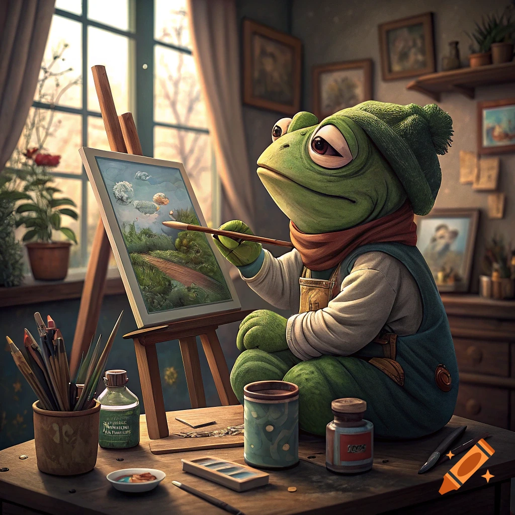 A cartoon frog wearing a beanie and scarf sits painting on an easel in a cozy art studio.
