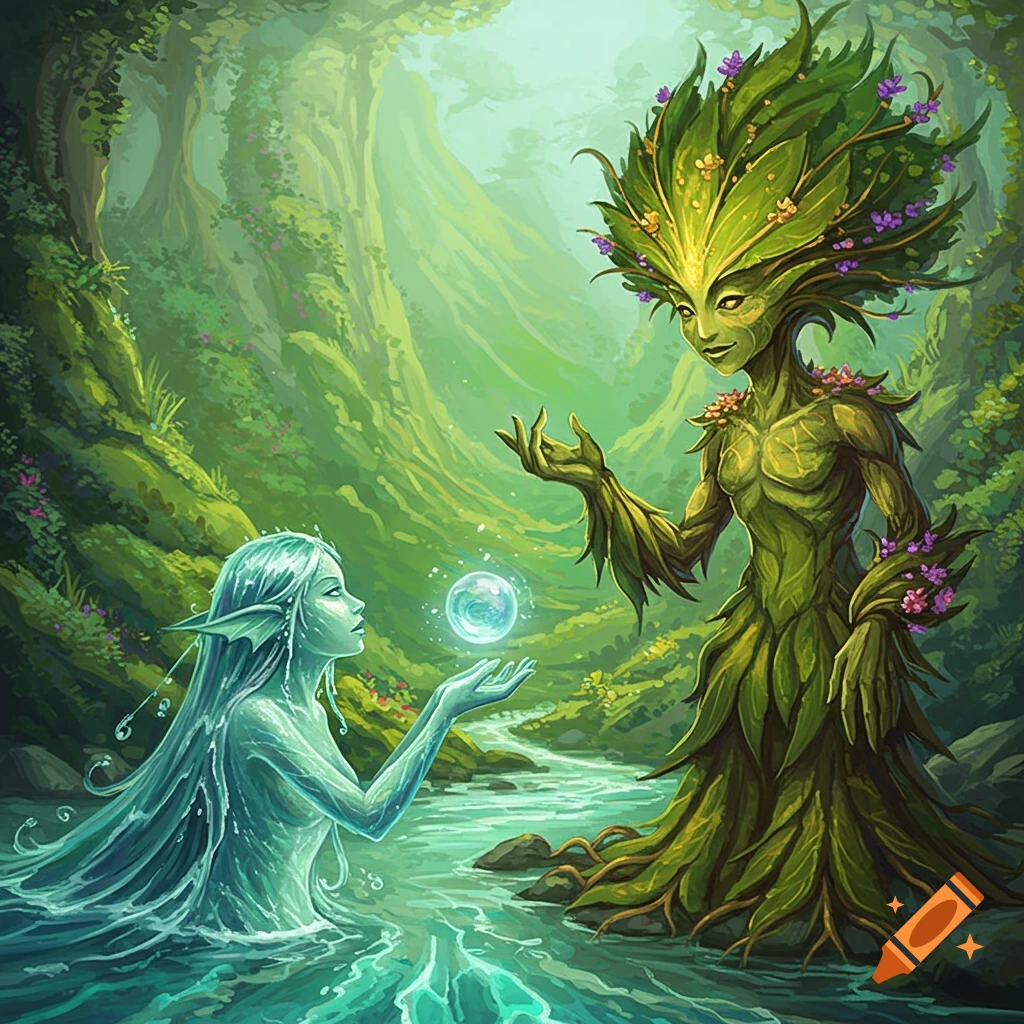 A water spirit and plant spirit meeting by a river in a green valley.