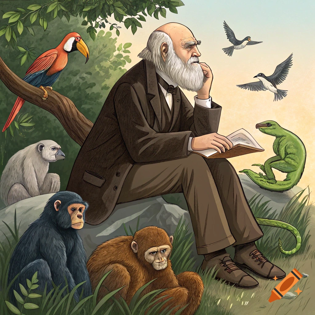 Illustration of Charles Darwin sitting outdoors with monkeys, a parrot, birds, and a lizard, holding a book.