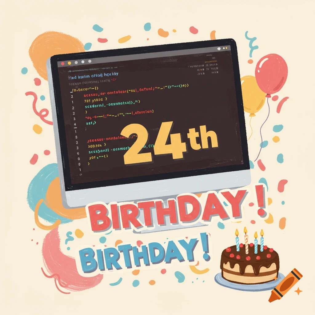 A computer screen with '24th BIRTHDAY!' text and gibberish code, surrounded by balloons, confetti, and a birthday cake with candles.