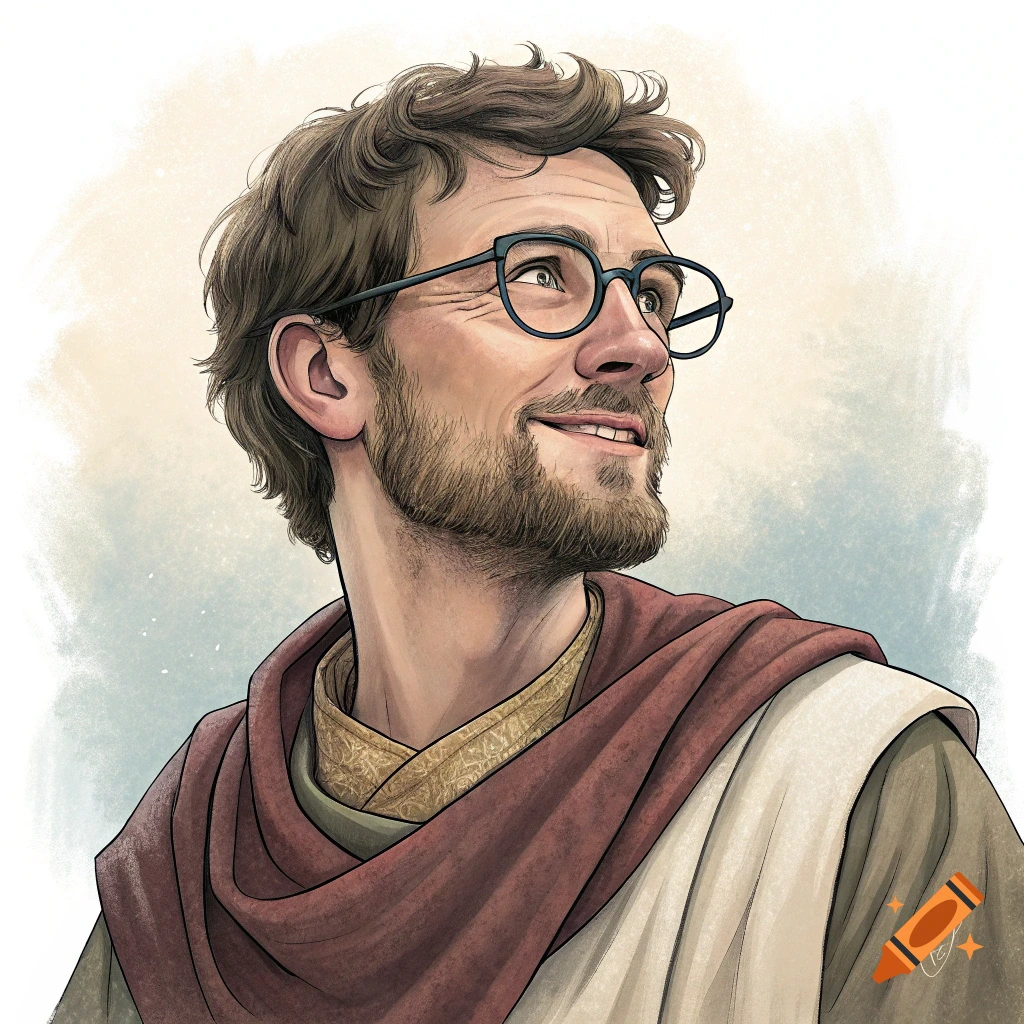 Watercolor portrait illustration of a man with glasses and beard wearing a tunic and red scarf