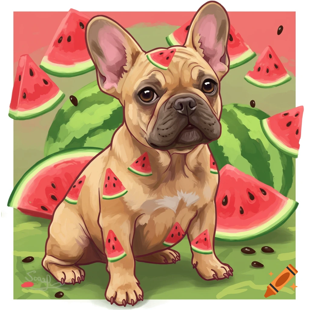Illustration of a French bulldog sitting amongst watermelon slices, with small watermelon pieces on its fur.