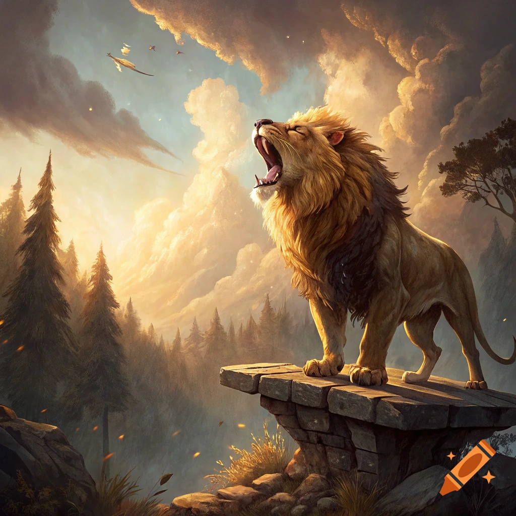 A majestic lion roars atop a rocky cliff overlooking a forest, under dramatic clouds and sunlight.