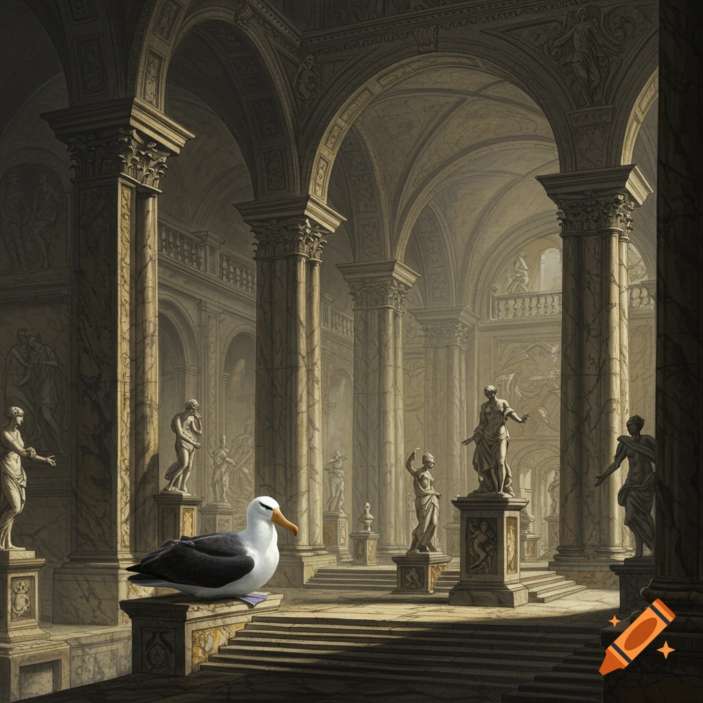 An albatross sits in a vast ancient hall filled with statues and columns.