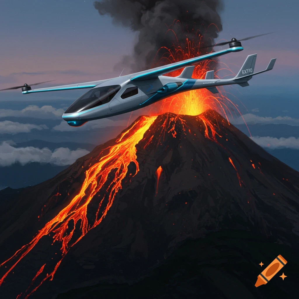 An eVTOL plane flying in front of an erupting volcano with lava flowing down its side.