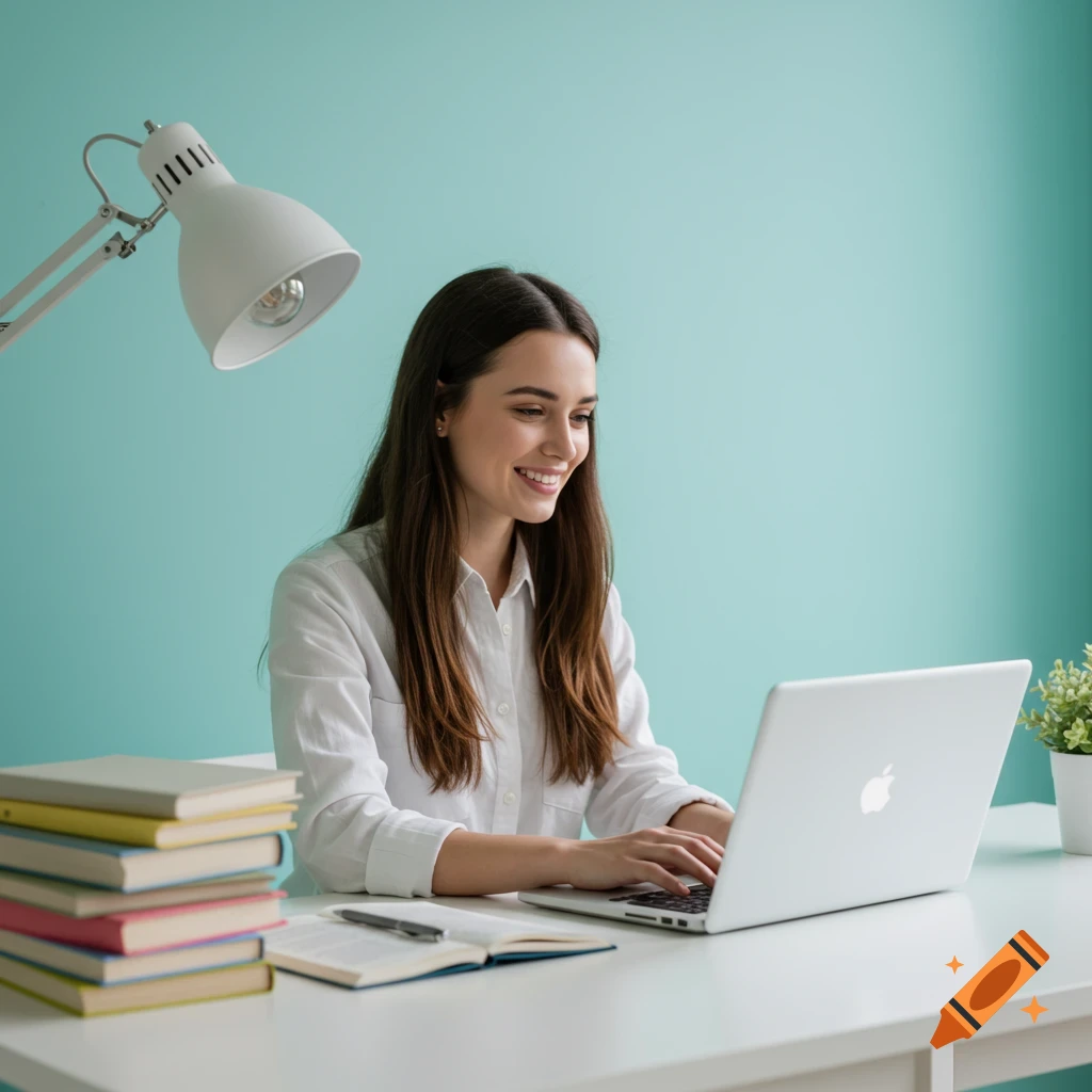 Woman smiling while working on a laptop at a desk with books and a lamp.