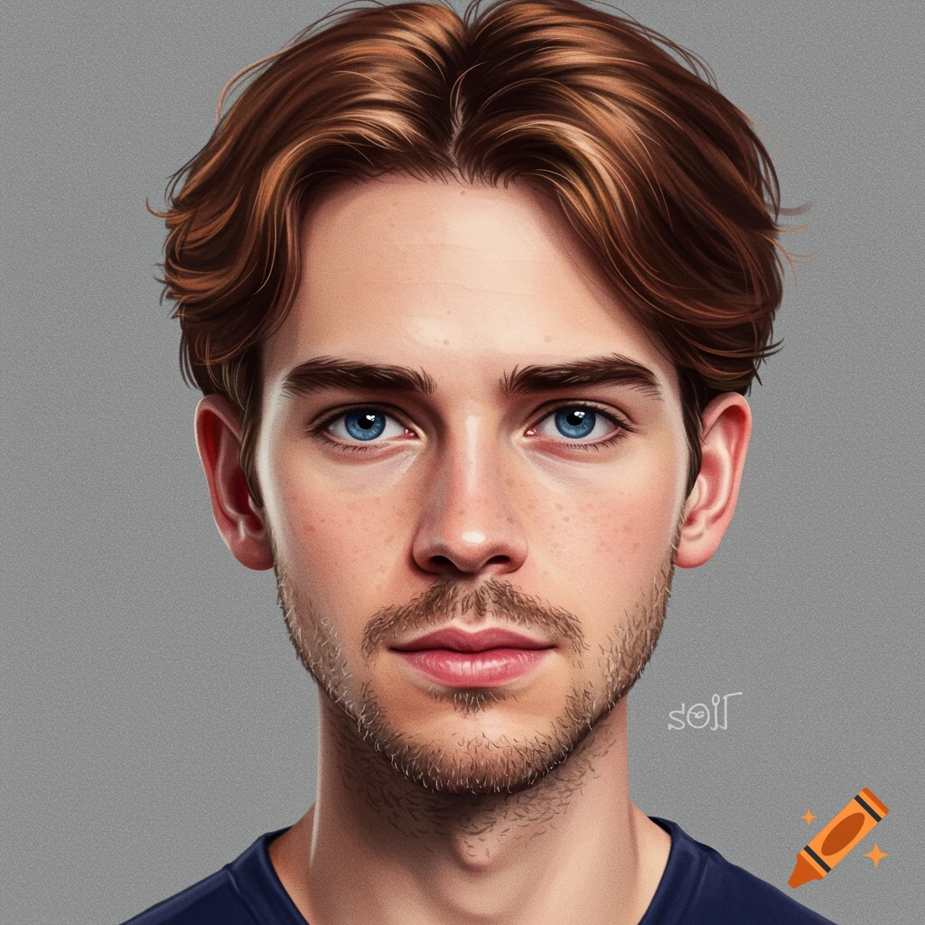 A young man with blue eyes, freckles, and light brown hair.
