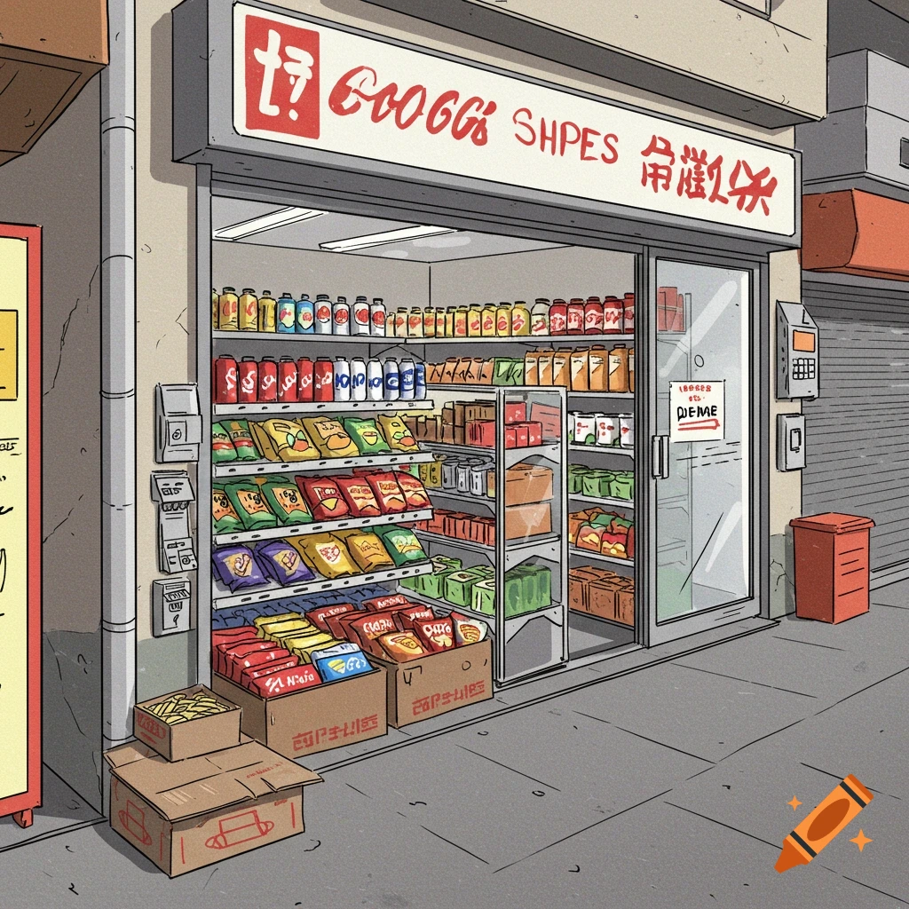 A detailed drawing of a small convenience store exterior, with shelves full of snacks and drinks visible through the window.