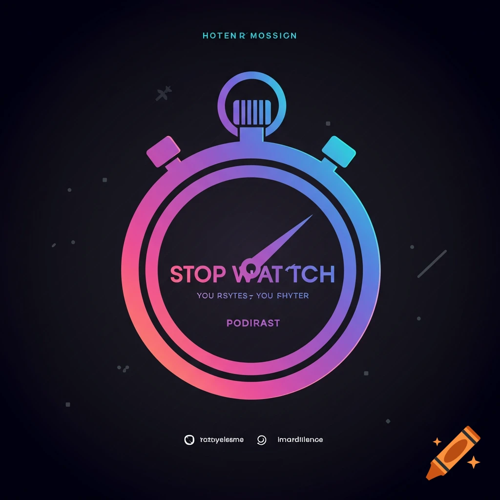 Vector graphic podcast cover with a large gradient stopwatch and text.