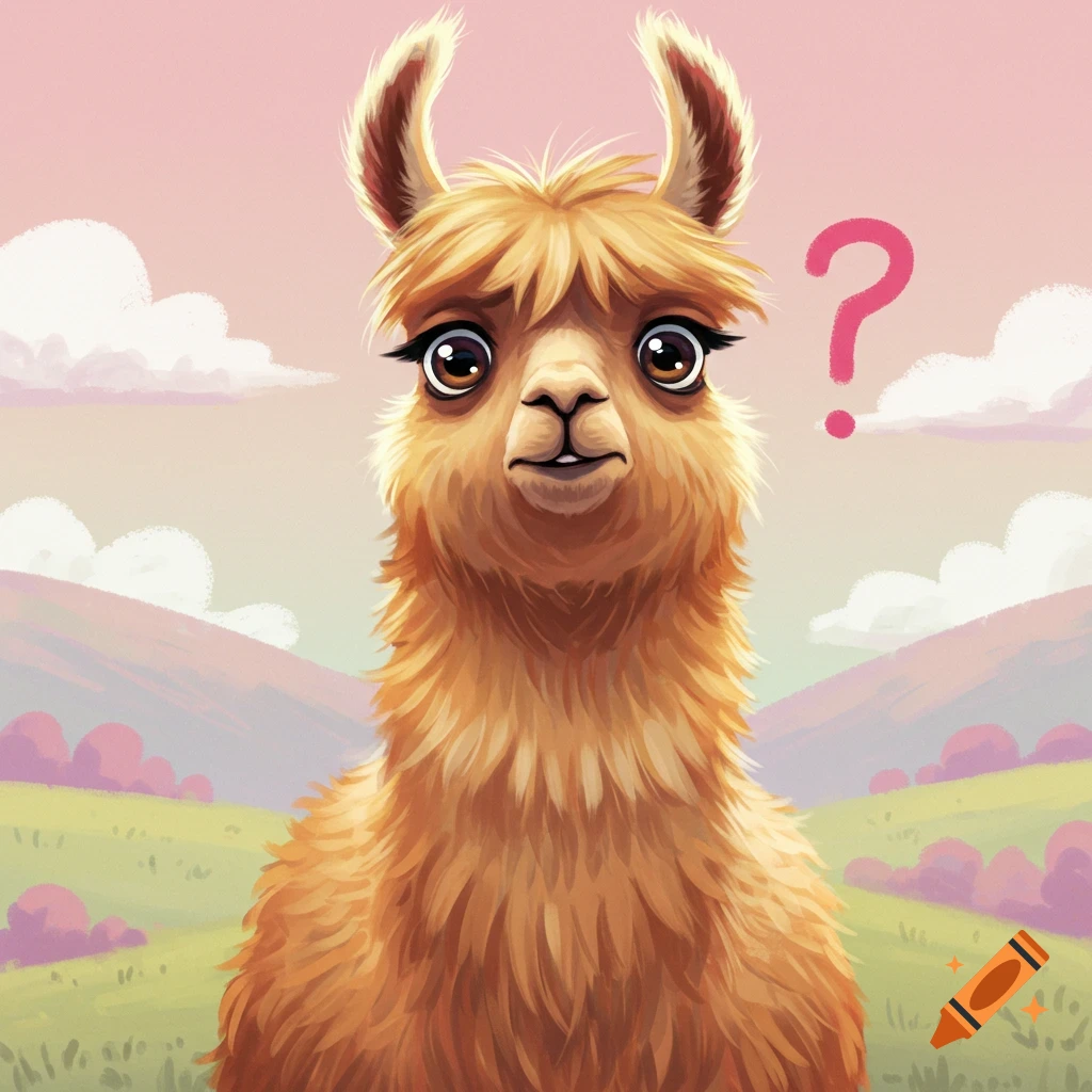 Stylized illustration of a llama with wide eyes and a question mark symbol over its head, in a grassy landscape under a pink sky.