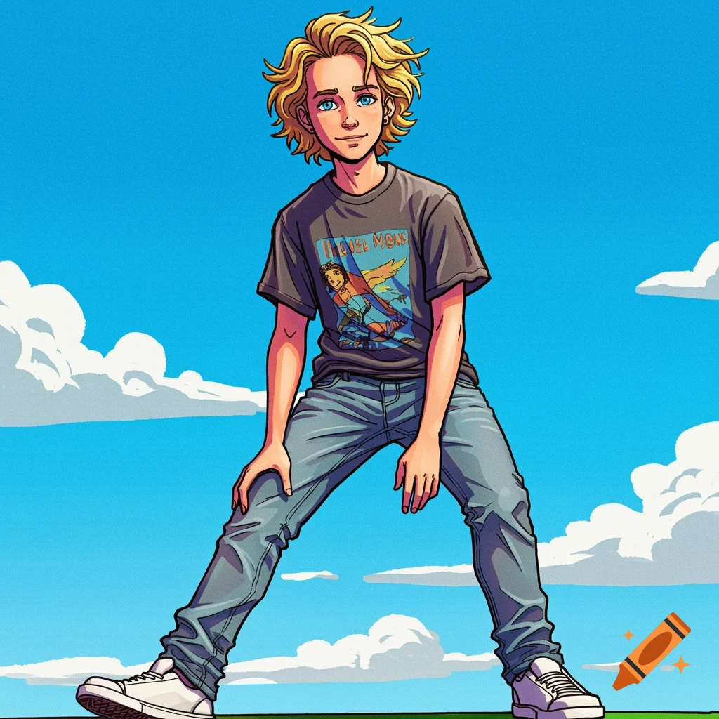 A teenage boy with blonde hair and blue eyes in a graphic tee and jeans stands in a dynamic pose against a blue sky, in a vibrant comic book style.