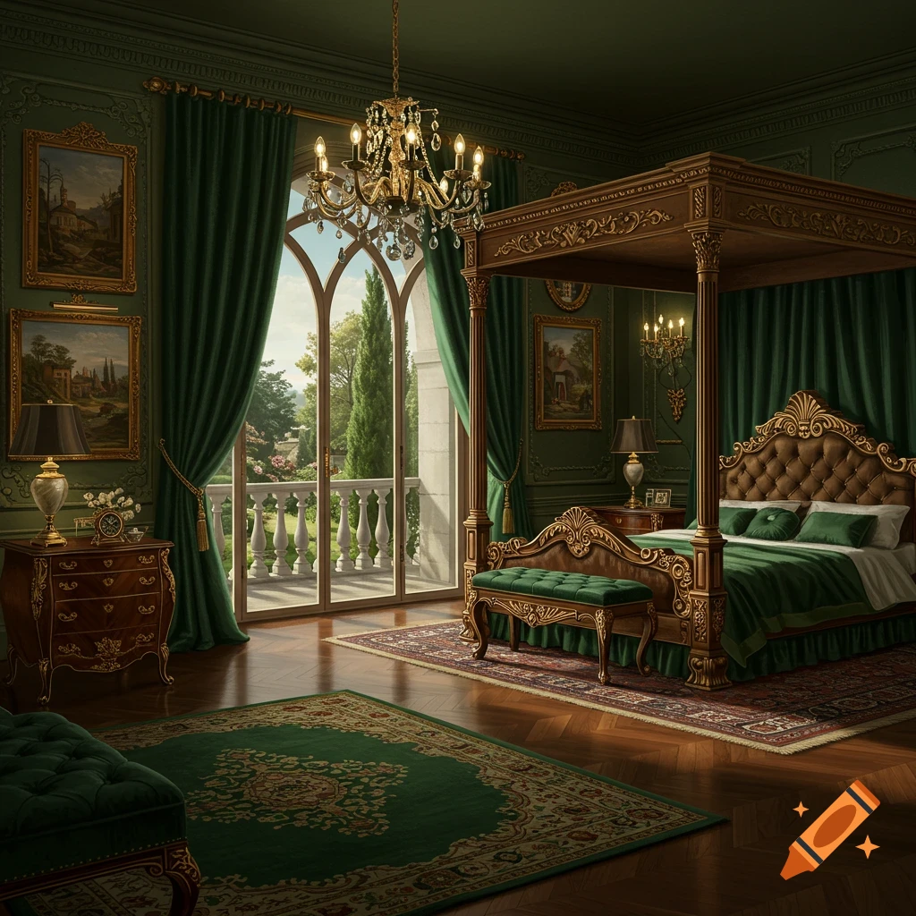 An elegant, gothic master bedroom with green/gold decor, a canopy bed, a chandelier, a balcony, and an arched window.