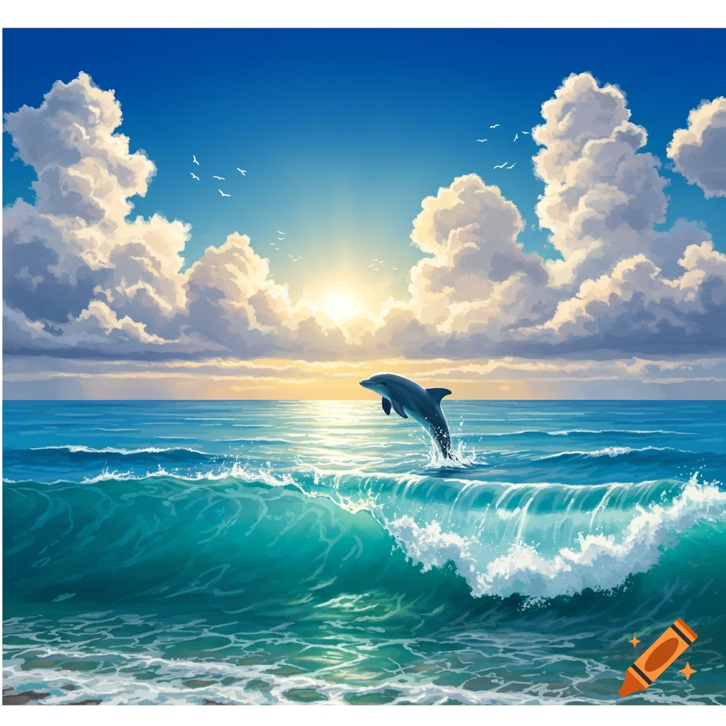 A dolphin jumping from a wave during a sunset over the ocean with clouds.