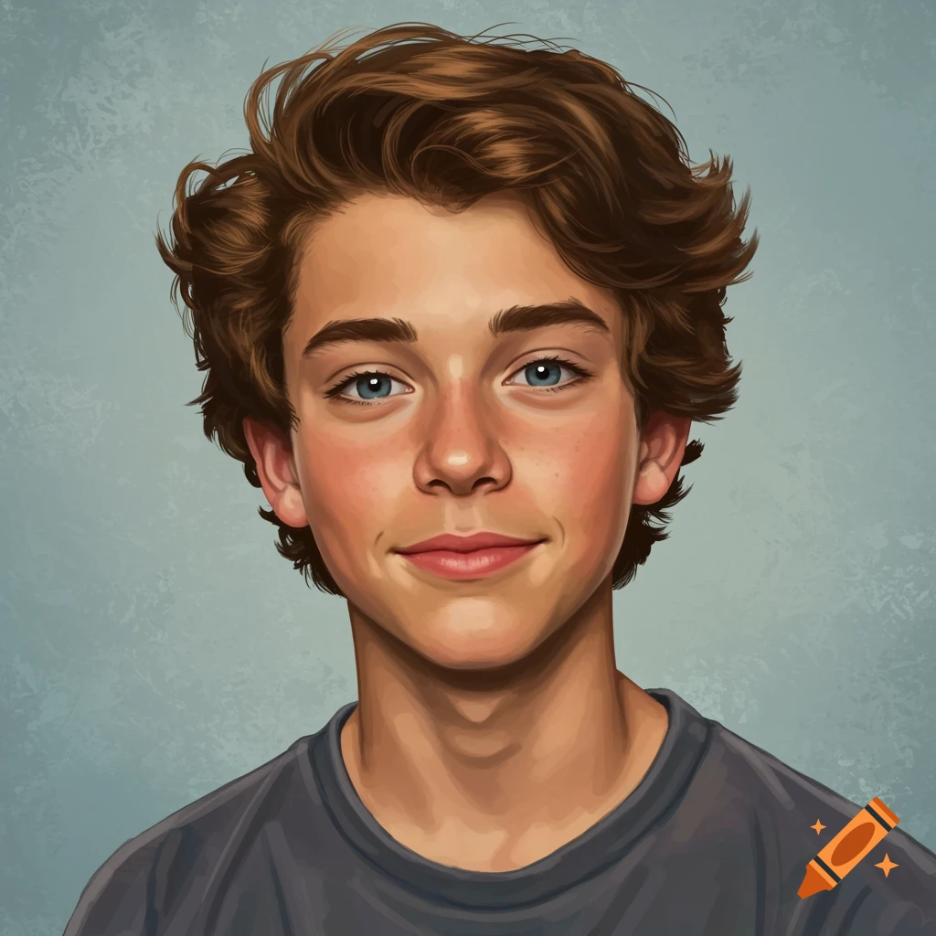 portrait of a smiling young boy with brown hair and blue eyes