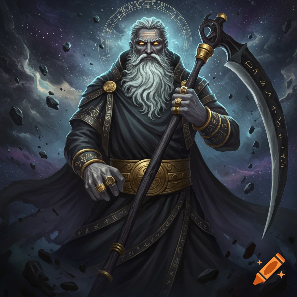 A stern old man with a scythe and long white beard is in space with asteroids.