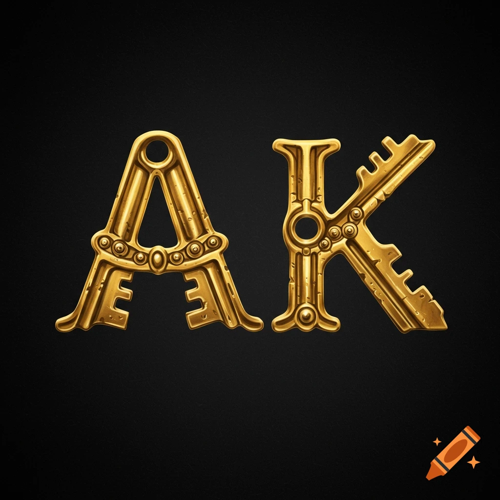 Ornate gold letters A and K shaped like keys on a black background