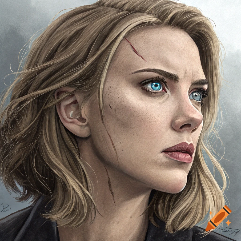 Close-up portrait of a weathered woman with blonde hair, bright blue eyes, and facial scars.