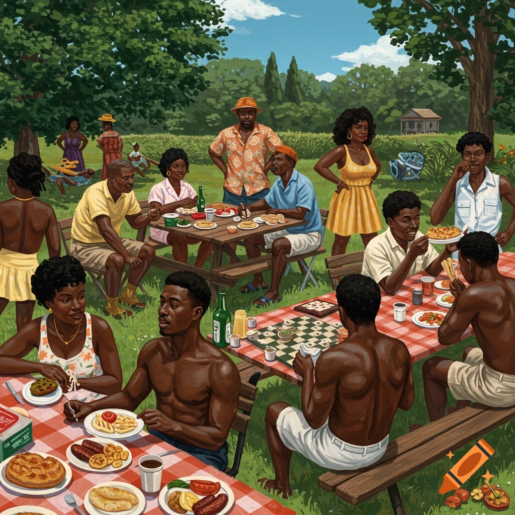A family picnic with people eating and playing games outdoors in summer.
