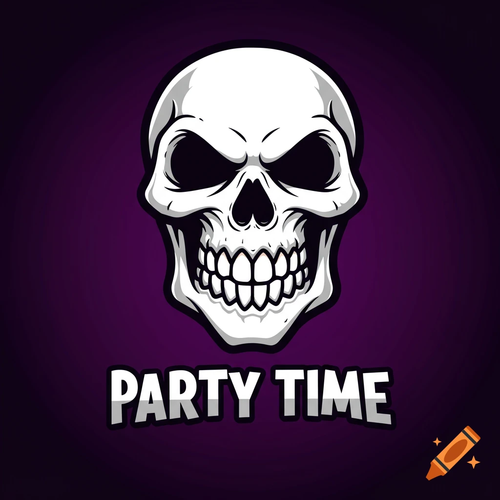 Illustration of a white skull logo with black shadows and the text 'PARTY TIME' below it on a purple background.