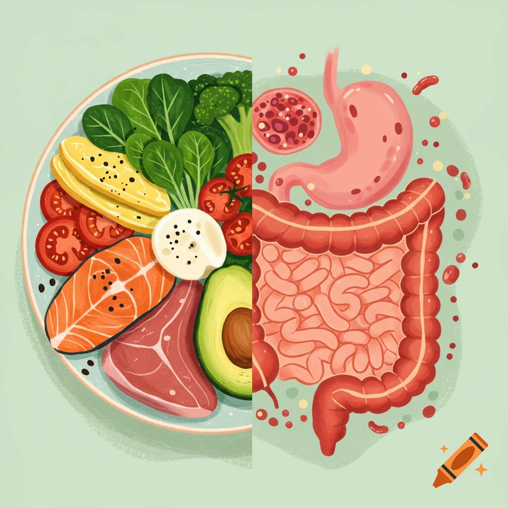 Illustration of a plate of healthy food next to the stomach and intestines.