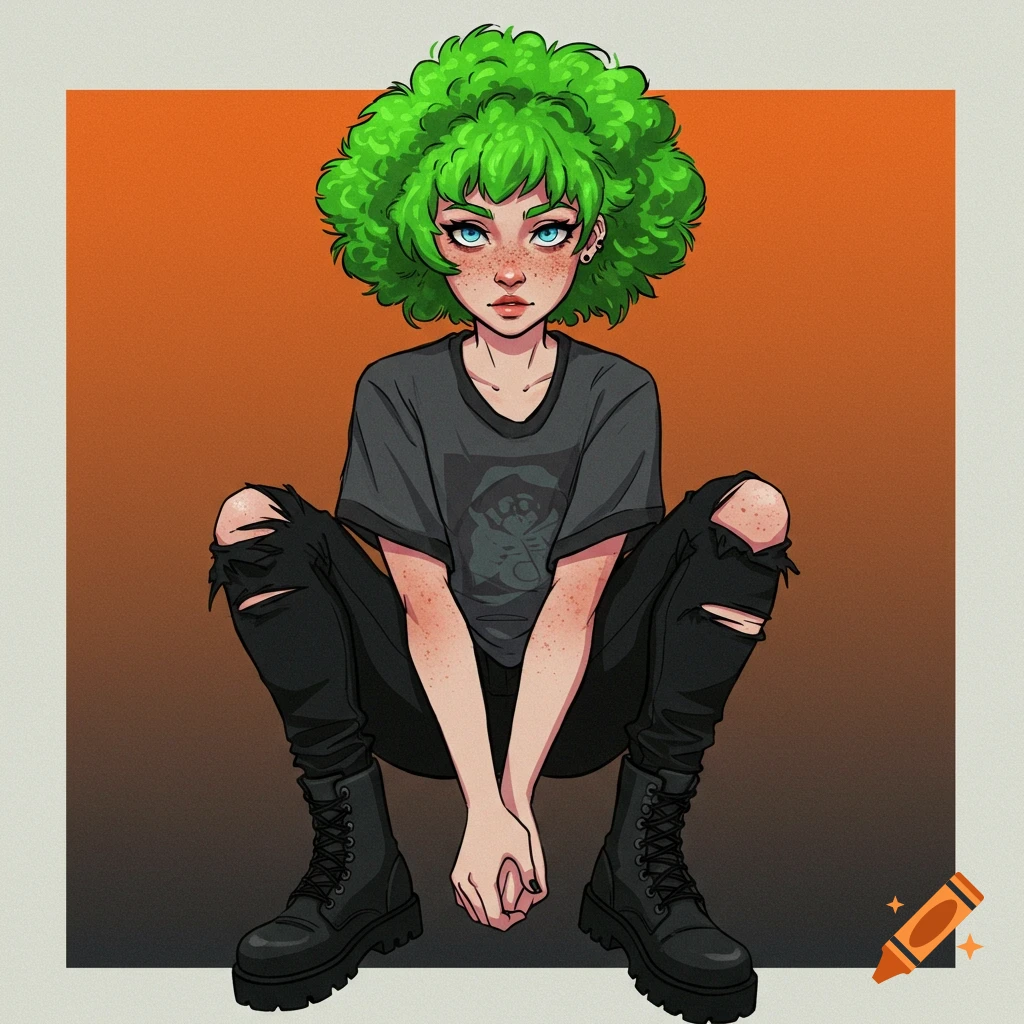 A person with bright green curly hair, freckles, ripped jeans, and boots, sitting and looking forward.