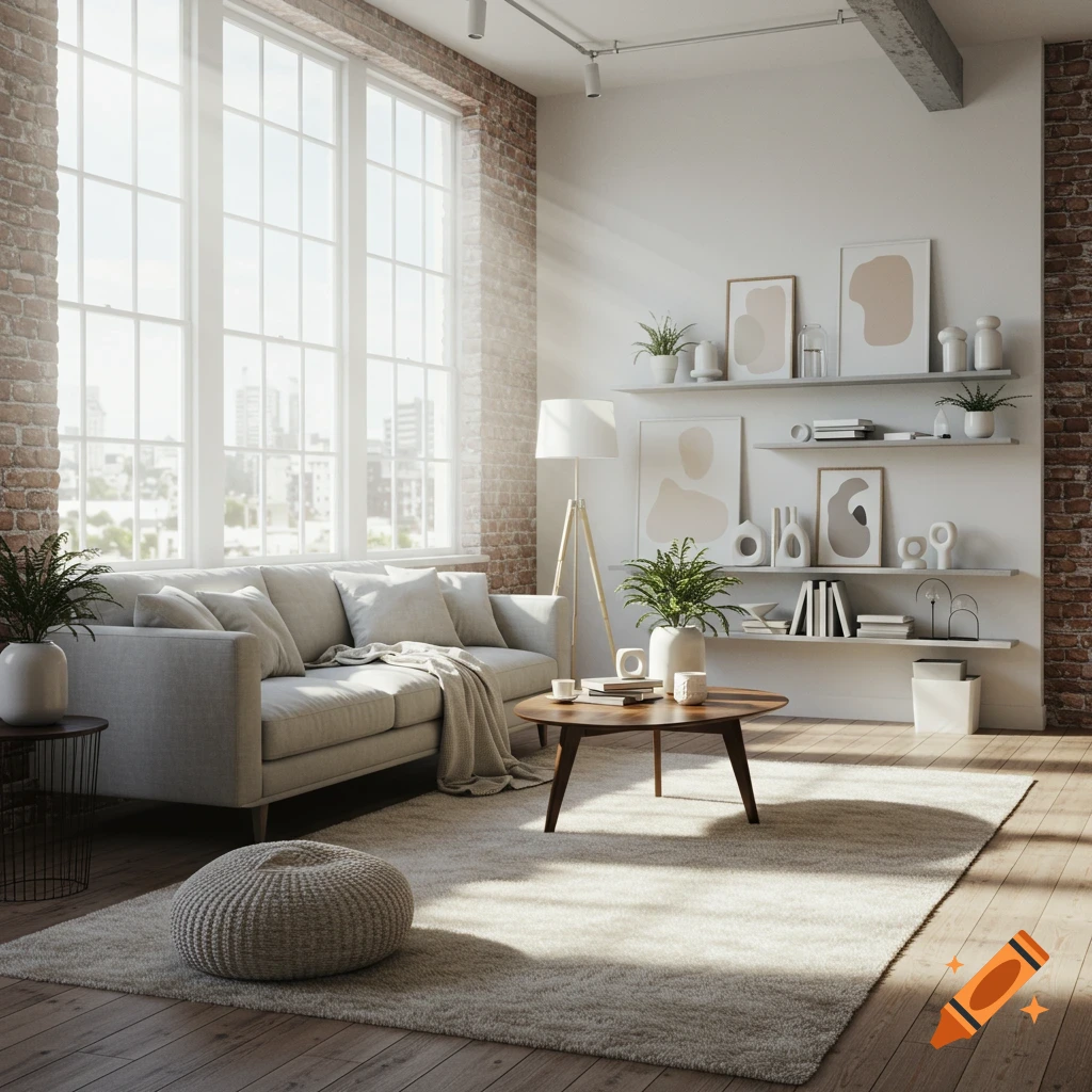 Realistic photo of a bright, clean living room with a large window, couch, coffee table, and shelves.