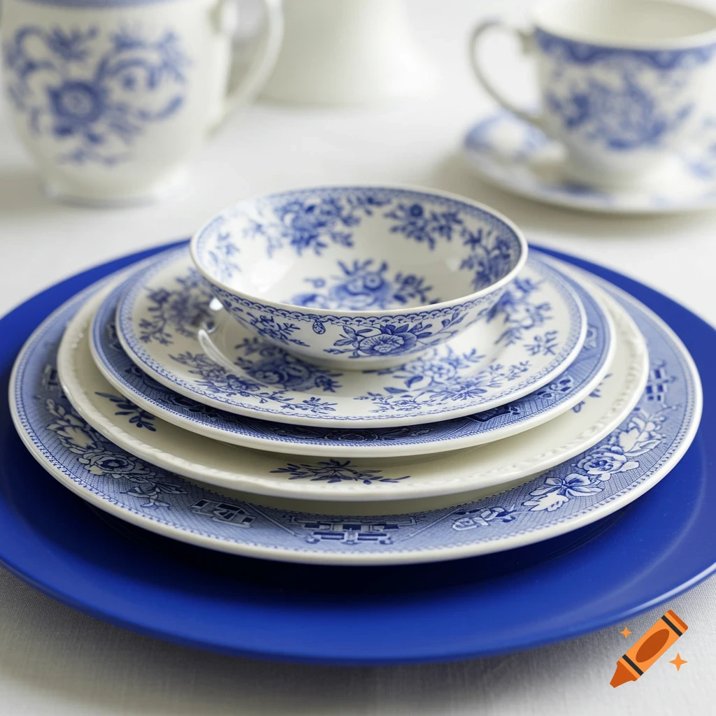 Stack of blue and white patterned china plates and bowl on a solid blue charger plate.