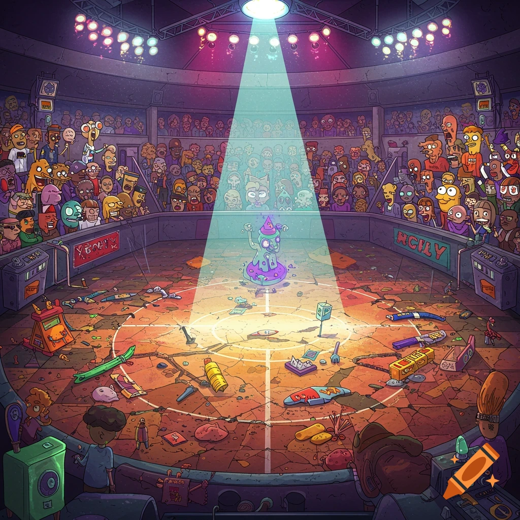Packed alien crowd in a cartoon sci-fi arena watching a creature in a spotlight.