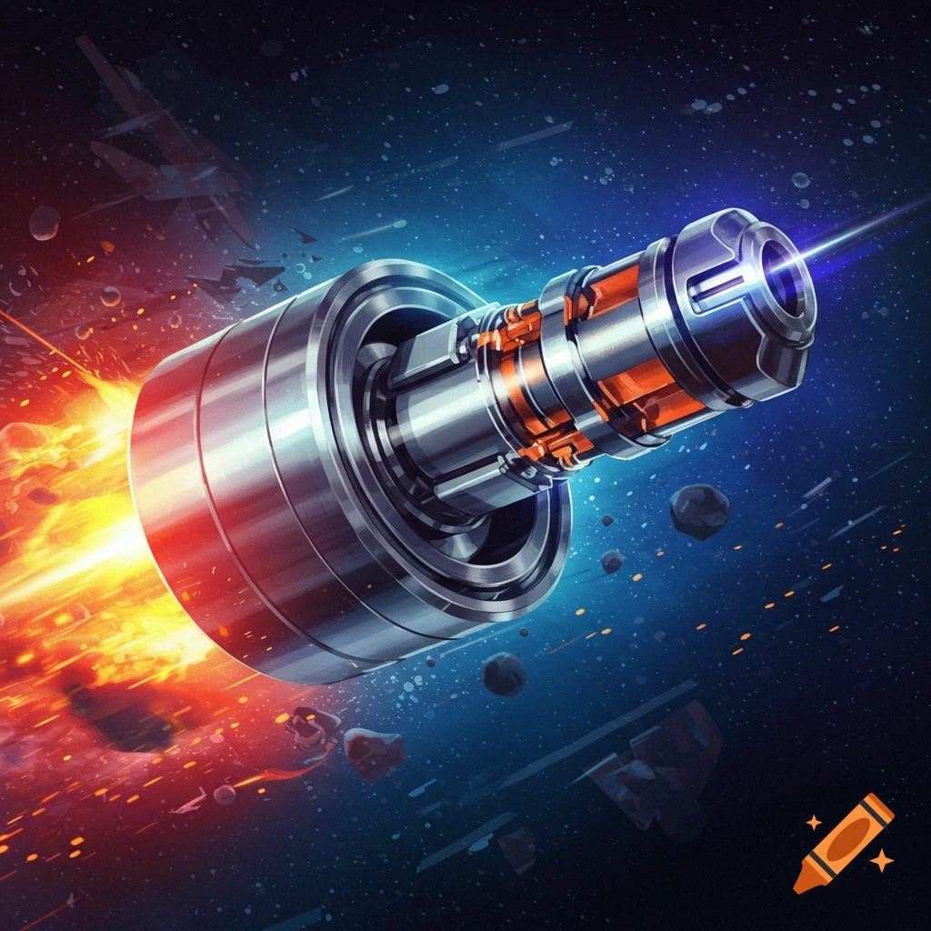 A futuristic engine or weapon flying through space with fiery exhaust and a blue beam.