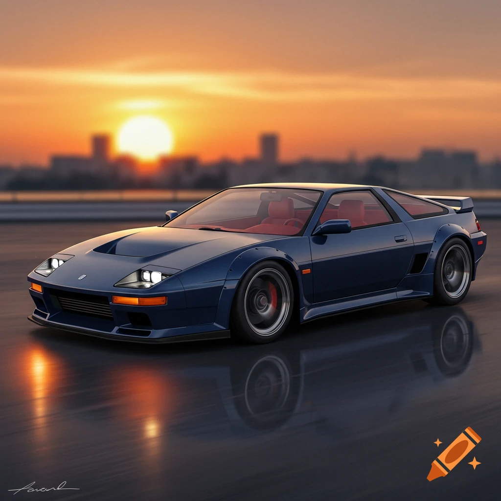 Blue sports car with red interior parked on a wet road at sunset, city skyline in background.