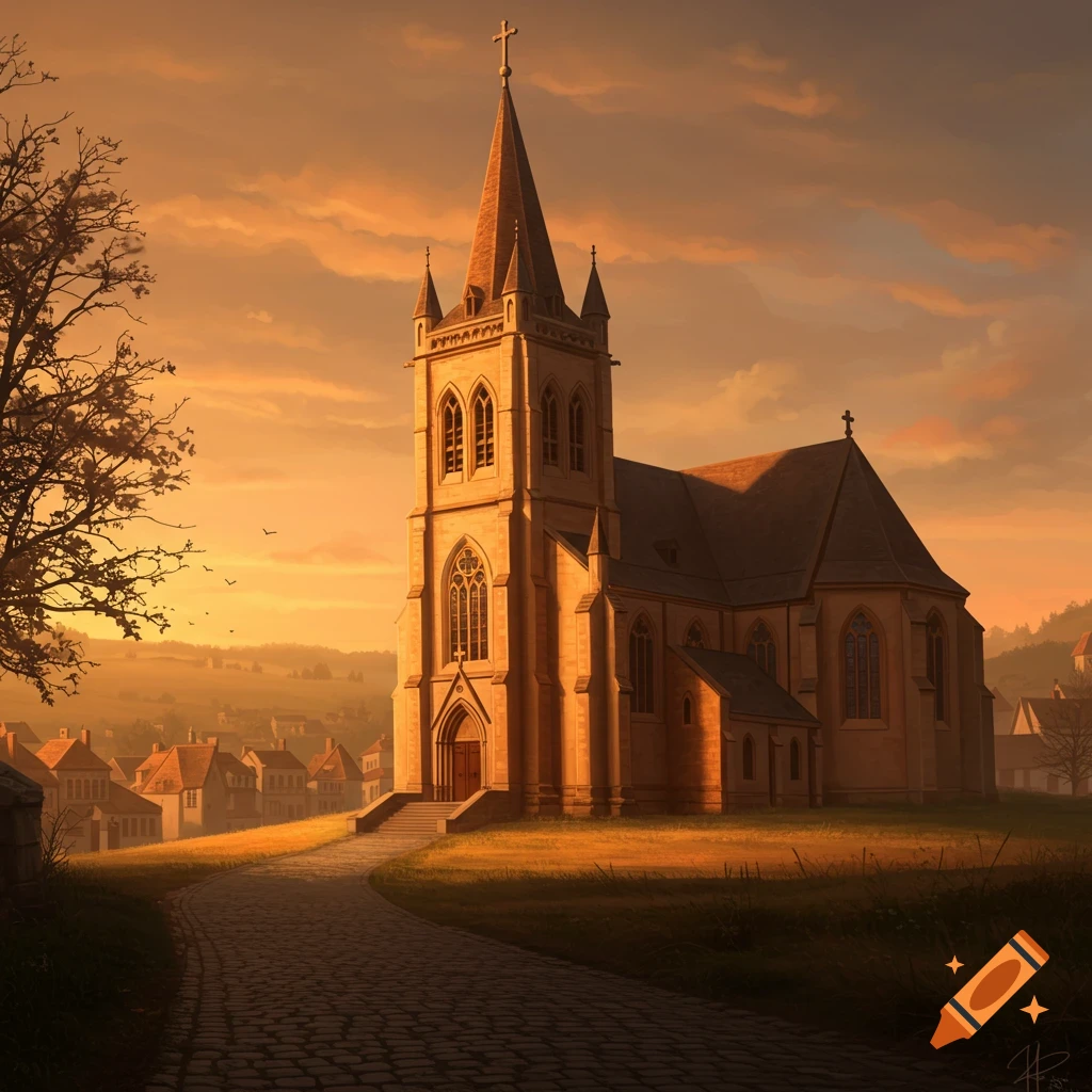 A church on a hill overlooking a village at sunset.