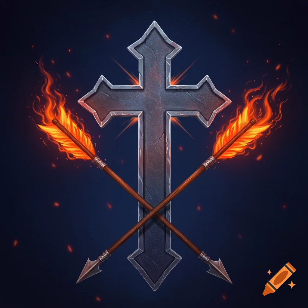 A stone cross with crossed flaming arrows against a dark background.