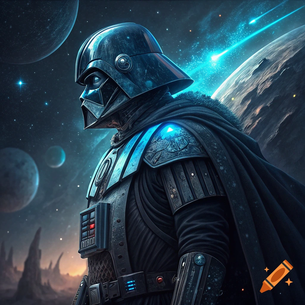 Close-up portrait of a character resembling Darth Vader in detailed armor against a space background with planets and stars.