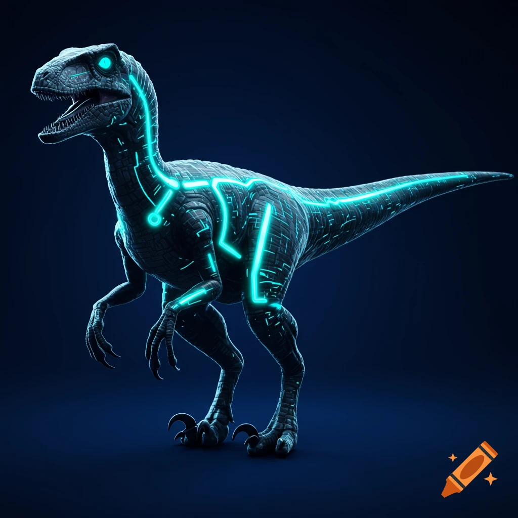 A futuristic Utahraptor dinosaur with glowing blue circuit patterns on its body stands against a dark background.