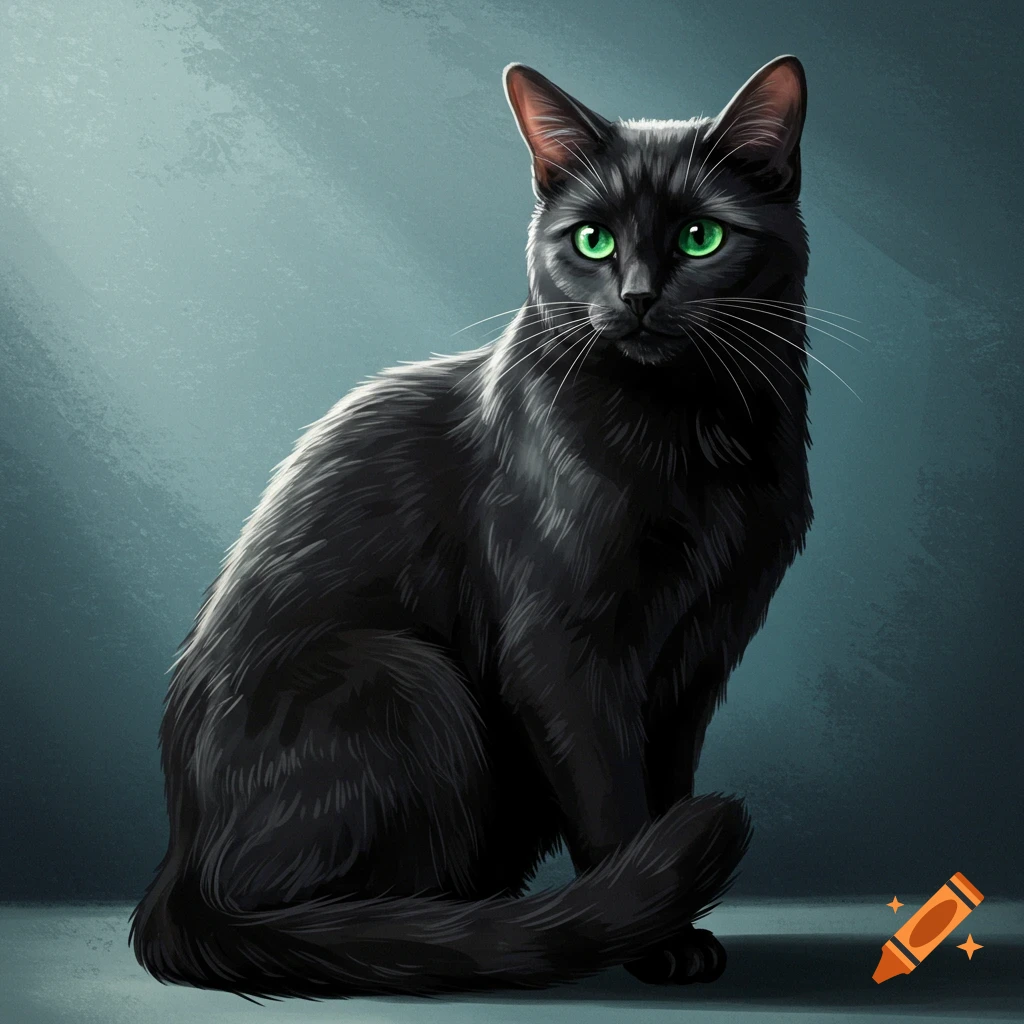 A black cat sitting, with bright green eyes.