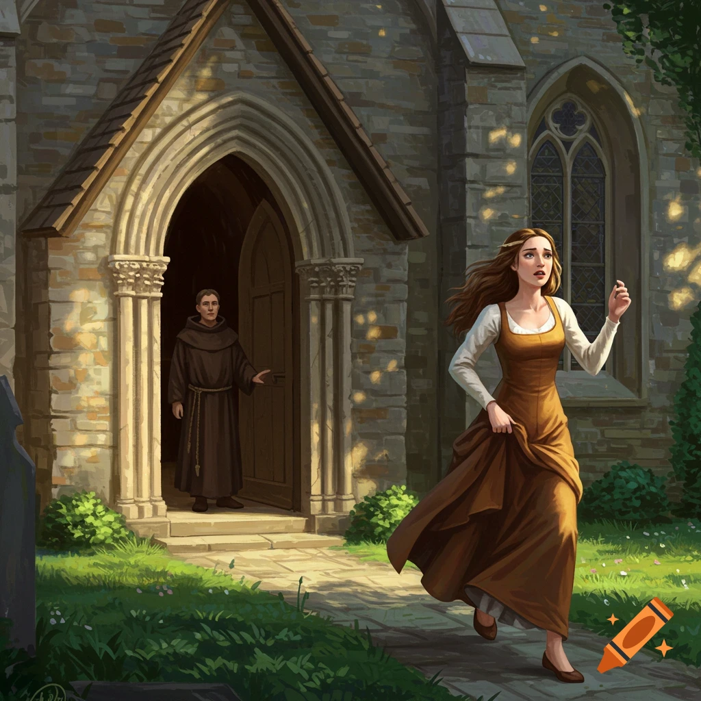 A young woman is running from a church entrance where a monk stands, sunlight filtering through trees.
